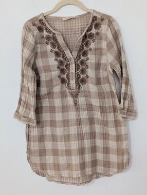 Soft Surroundings Buffalo Plaid Embroidered Popover Tunic Brown Tan Medium M